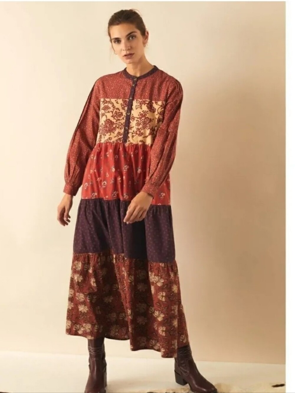 Leon & Harper Floral Button-Front Dress in Rust & Plum